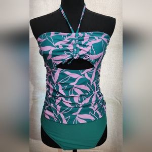 Cupshe Lagoon Leaf Ruched Drawstring Halter One Piece Swimsuit Size M